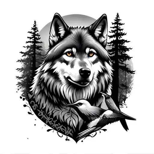 Wolf And Bird And Trees