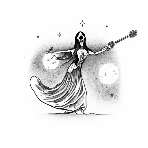 Grim Reaper And Woman In Catrina Dress Dancing Under A Starry Sky