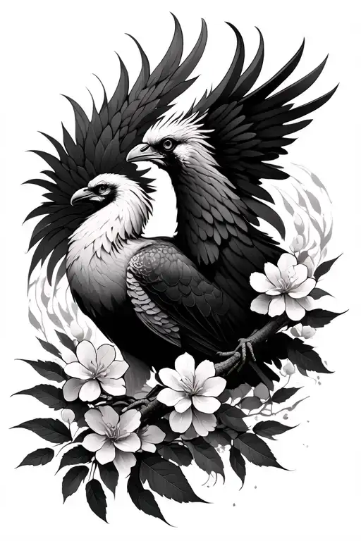 Phoenix Surrounded By Weeping Willow Leaves And Cherry Blossoms