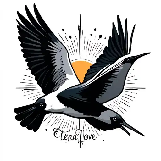 Two Swallows With A Small Bottom Sun And The Eternal Love Word In Small