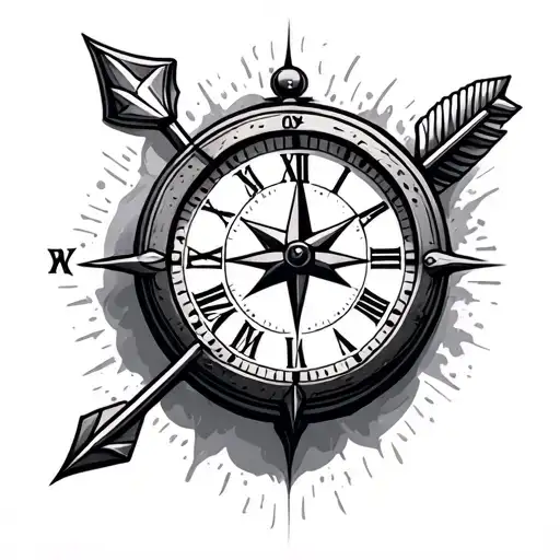 Clock With Compass And Arrow With Sign