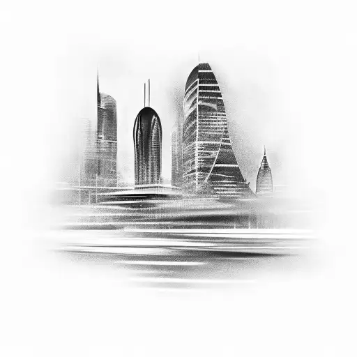 A Black-grey Tattoo Of A Formula One Car Racing Against A Backdrop Of City Skyscrapers