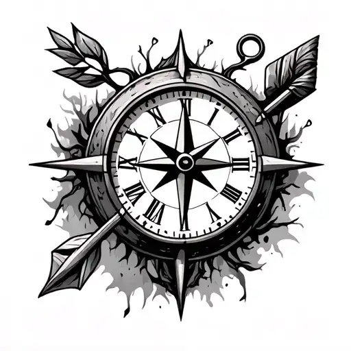 Clock With Compass And Arrow With Sign With Tree Growing