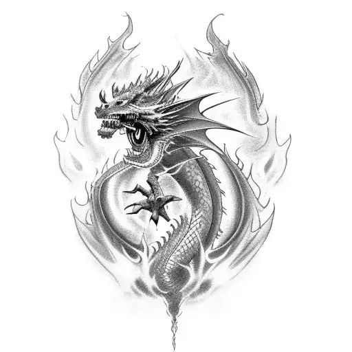 A Dragon In A Fierce Pose With Flames Engulfing It Tattoo