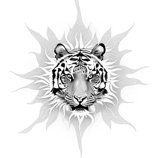 Tiger With Sun And Flowers