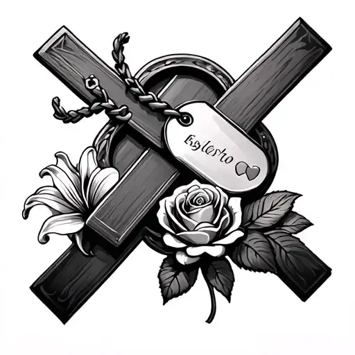 A Cross With Two Dog Tags Around It A Rose At The Bottom Right And A Lily At The Bottom Left