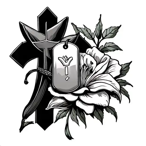A Cross With Two Dog Tags Around It A Rose At The Bottom Right And A Lily At The Bottom Left