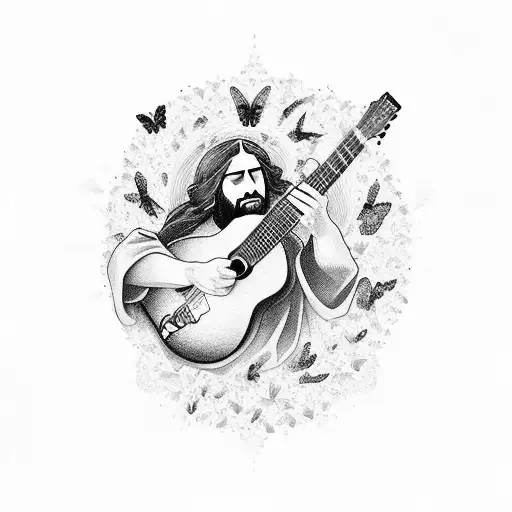 Jesus Playing A Guitar Surrounded By Butterflies
