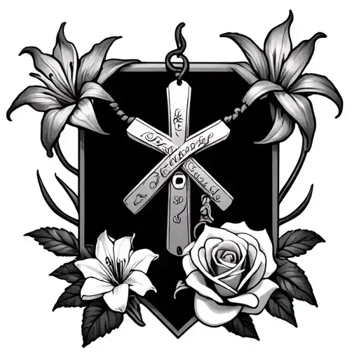 A Cross With Two Dog Tags Around It A Rose At The Bottom Right And A Lily At The Bottom Left