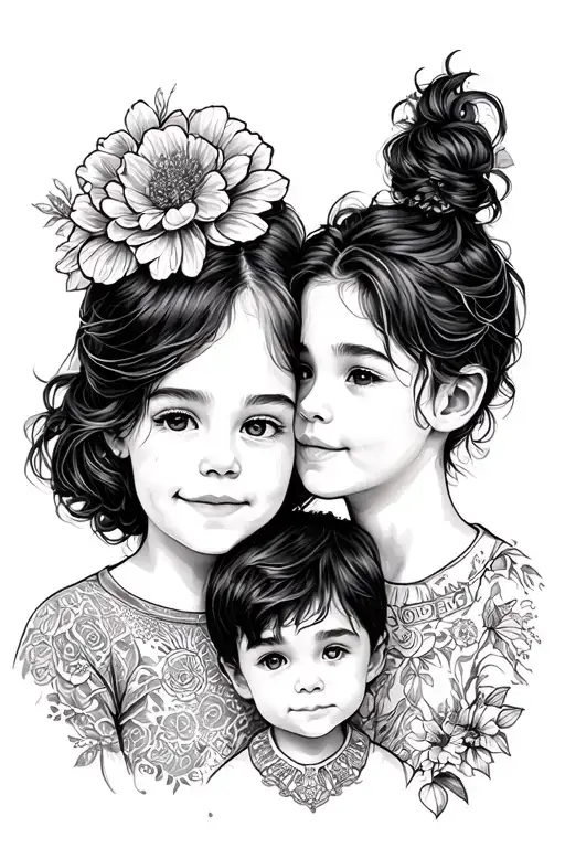 2 Sons And Mum Line Drawing