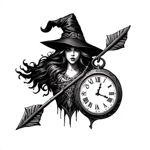 Cuervo On Arrow With Pen And Witch With Clock