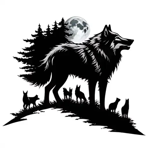 Wolf In A Forest Scene With Other Wolves In The Back Howling At The Moon