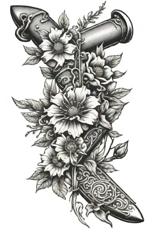 Military Bayonet Wrapped In Wildflowers