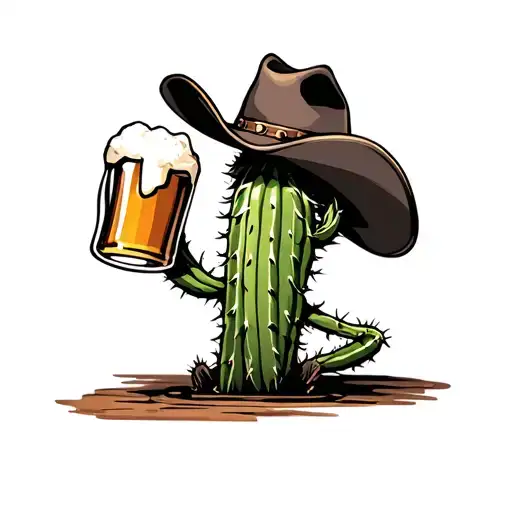 Cactus Wearing A Cowboy Hat Drinking A Beer