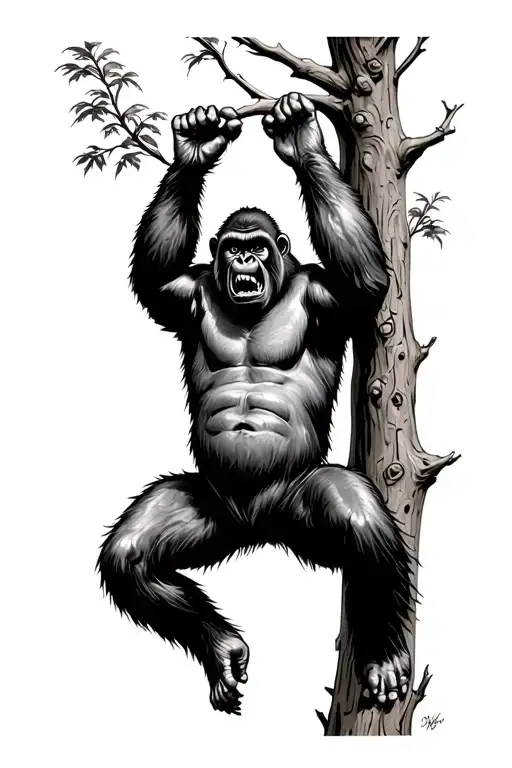 Angry Gorilla Swinging From A Tree