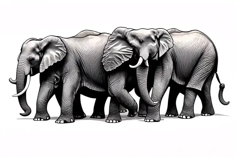Elephants Walking In A Line Holding Trunks