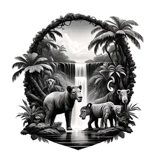 African Animals In The Jungle Surrounded By Trees And Waterfalls Between It