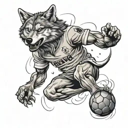 A Black-grey Tattoo Of A Footballer Transforming Into A Majestic Wolf Mid-kick