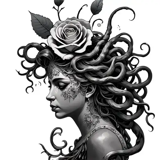 Medusa Garronna With A Rose On The Head And A Symbol Of Power And A Symbol Of Victory