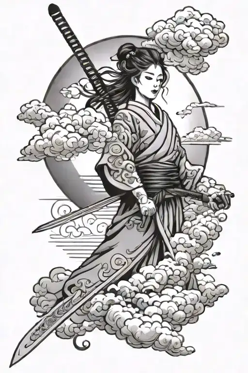 Japanese Woman Sword Clouds