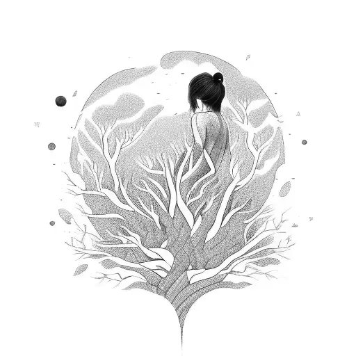 Woman Body Meditating With Nature In Body And Has Roots