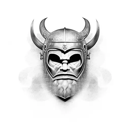 Black-grey Tattoo Of A Viking Helmet And Armor With Shading To Create A 3D Effect