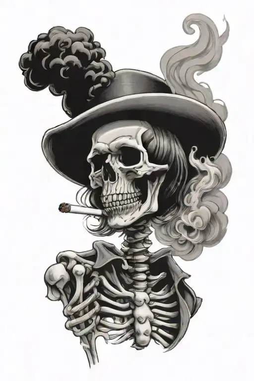 Skeleton Smoking A Cigarette And A Burning House In The Background