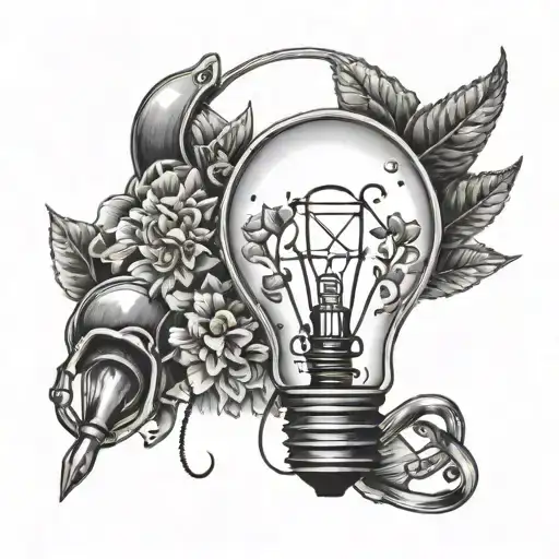 A Black-grey Tattoo Of A Lightbulb Surrounded By Various Fishing Hooks And Gardening Tools