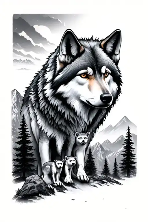 Wolf Family Tree Mountain Range Landscape