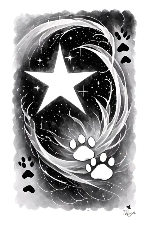 Ethereal Star Tattoo With Paw Prints Walking Through The Stars