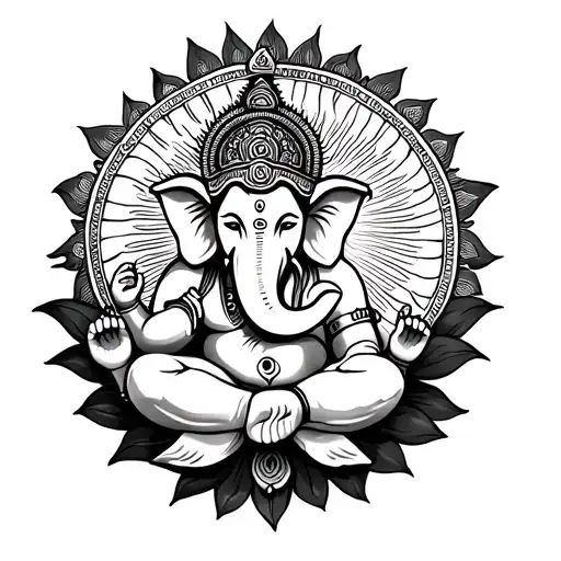 Ganesha On Lotus And Sun Shining Brightly