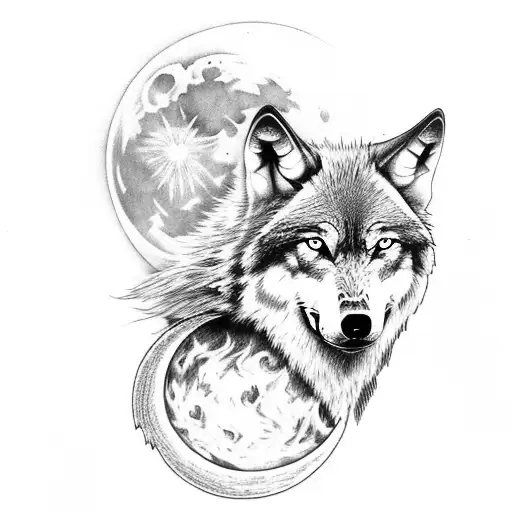 Wolf With Moon And Flames