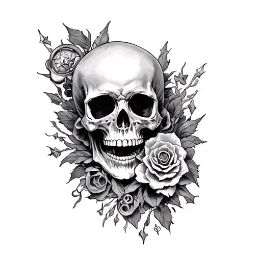 Realistic Black And White Sleeve Tattoo With Skulls And Occult Symbols