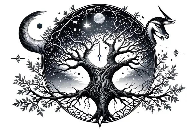 Tree Of Life With Gemini & Capricorn Constellations