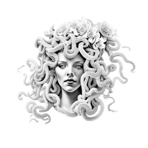 A Black And Grey Portrait Of Medusa Surrounded By Flowers