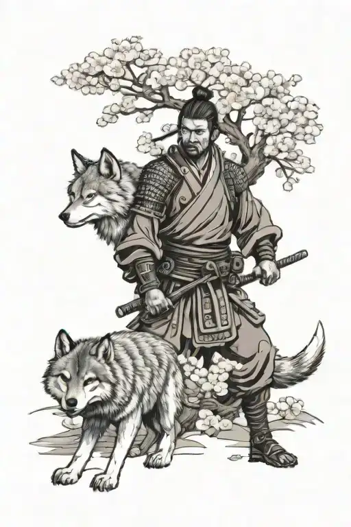 Samurai Standing By Cherry Blossom Tree With A Wolf