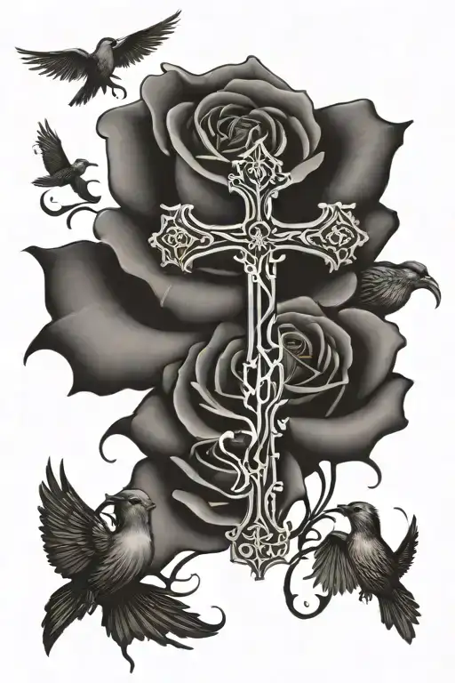 Rose With A Large Cross Behind It And Small Birds Around It