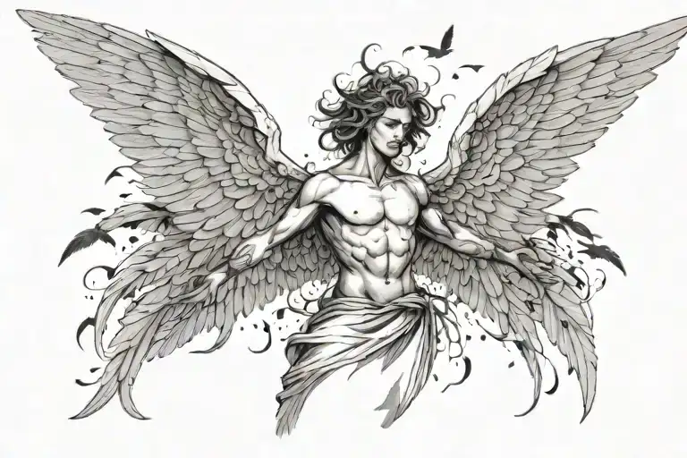 Angel On Back With Wings Spread Out And A Flock Of Birds Flying Around Him