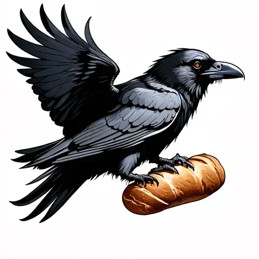 A Large Black Raven Carrying A Loaf Of Bread In Its Mouth