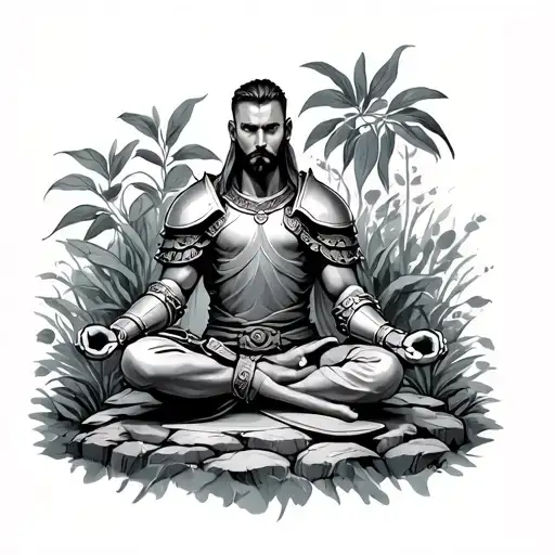 Male Warrior In Armor Meditating In A Garden
