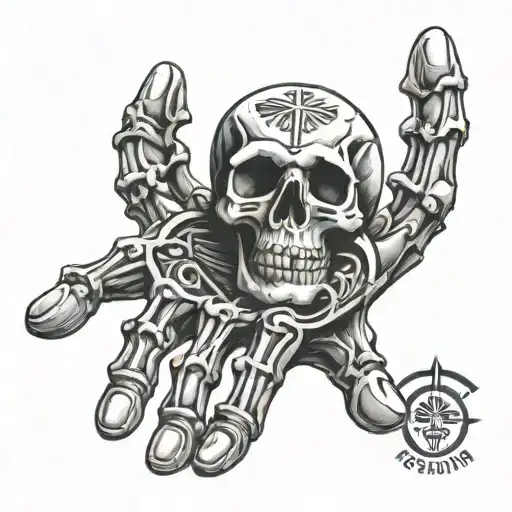 Skeleton Hand With Egyptian Symbols Inbetween The Knuckles Of All Fingers