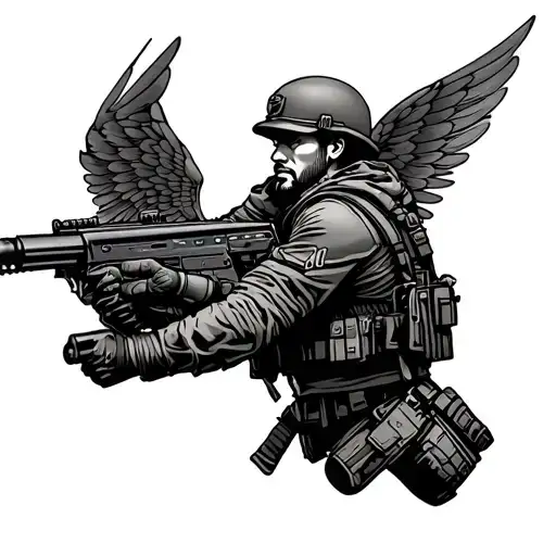 A Soldier With A Machine Gun In His Hands With Wings From Behind With Thin Lines