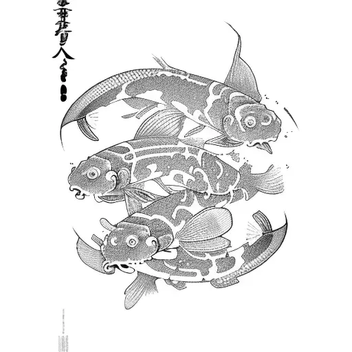 Two Graceful Koi Fish Swimming Around An Orchid Tree In A Mesmerizing Black And Grey Style