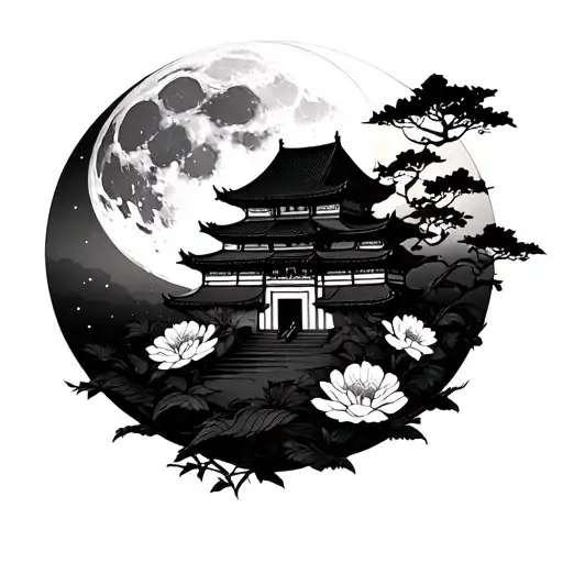 Chinese Building With Moon In Backround And With Mandala And Some Flowers