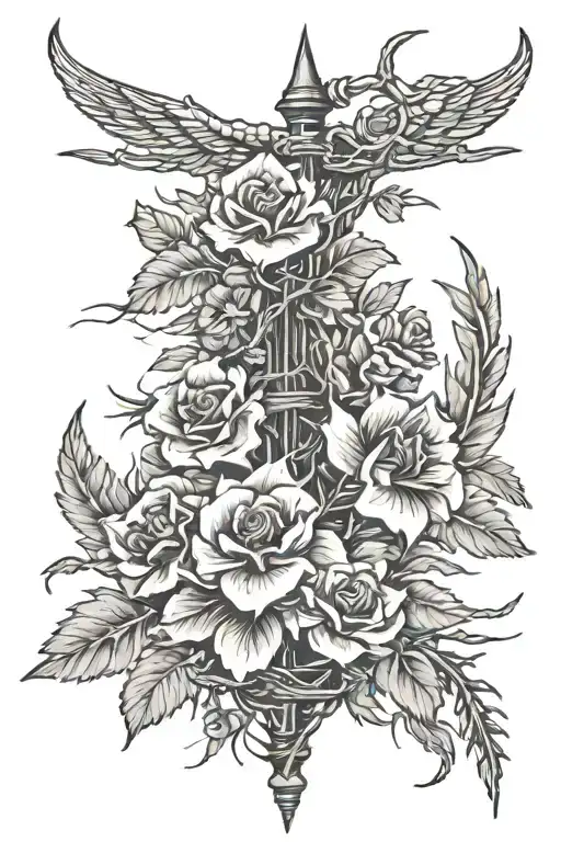 Western Spine Tattoo With Barbed Wire And Flowers