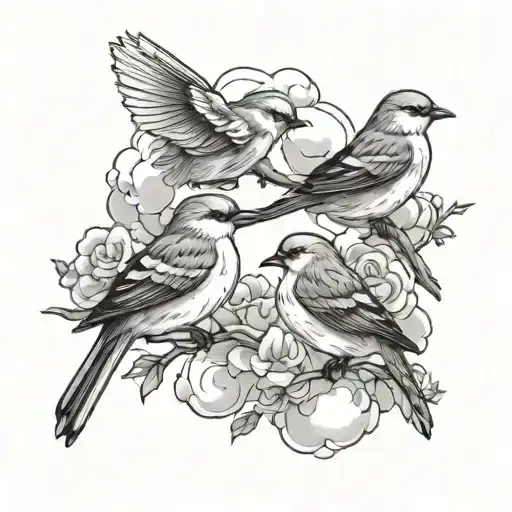 Small Birds With A Cloud Behind Them