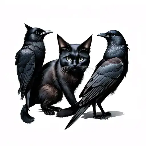 Black Cat On Back With Two Crow Friends