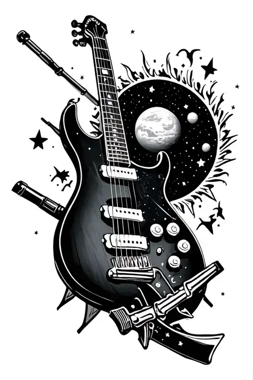 Guitar With Marigold Air Rifle Planets Stars Campervan And Knights Templar