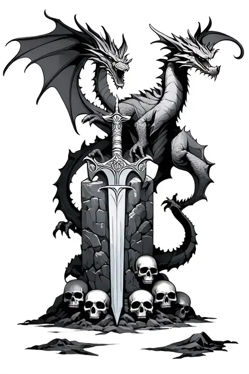 A Dragon Pulling Excalibur Out Of A Stone With 6 Skulls At The Base Of The Stone