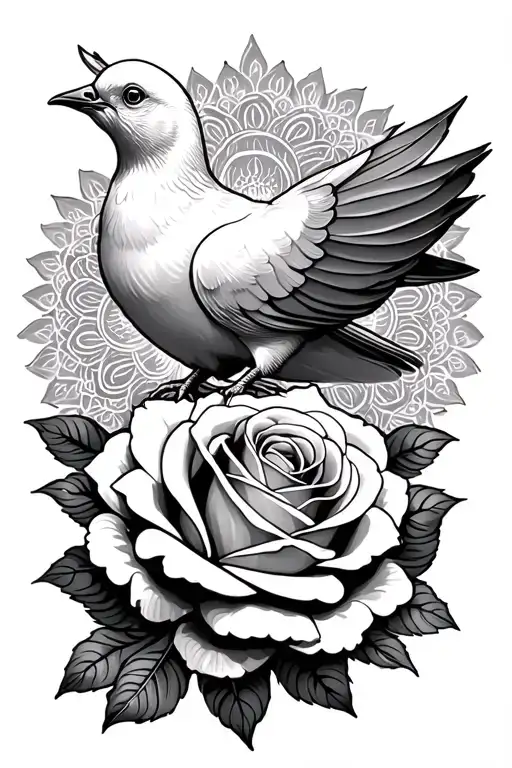 Dove Sitting On Mandala Rose Intertwined